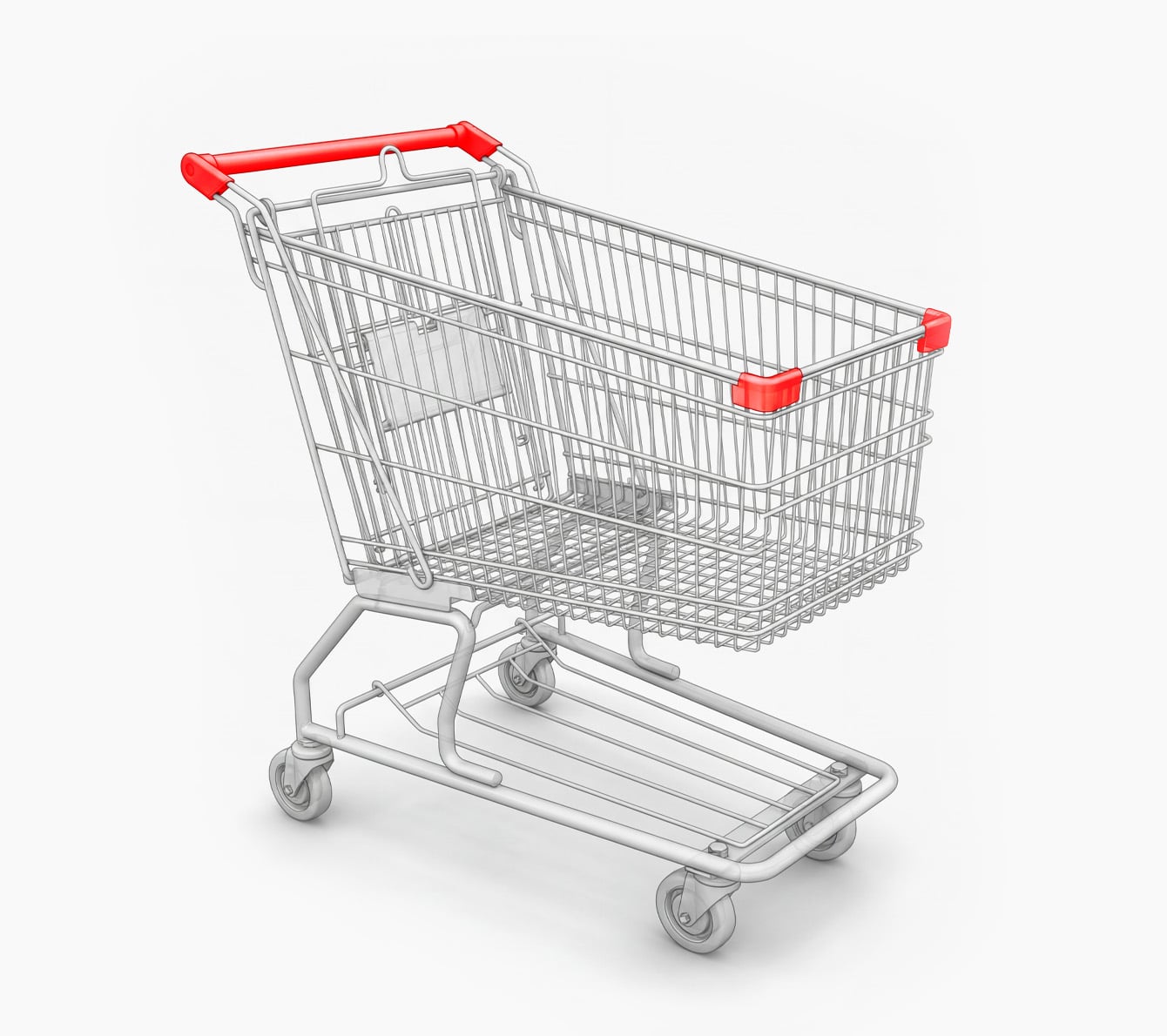 Einkaufswagen aus Metall mit roten Griffen und Rollen, isoliert auf weißem Hintergrund.
