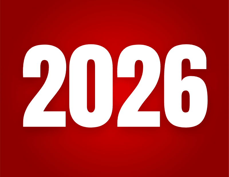 Rote 2026-Grafik, symbolisiert zukünftige Entwicklungen bei Pfreundt, Anbieter mobiler Wiegesysteme für verschiedene Fahrzeuge.