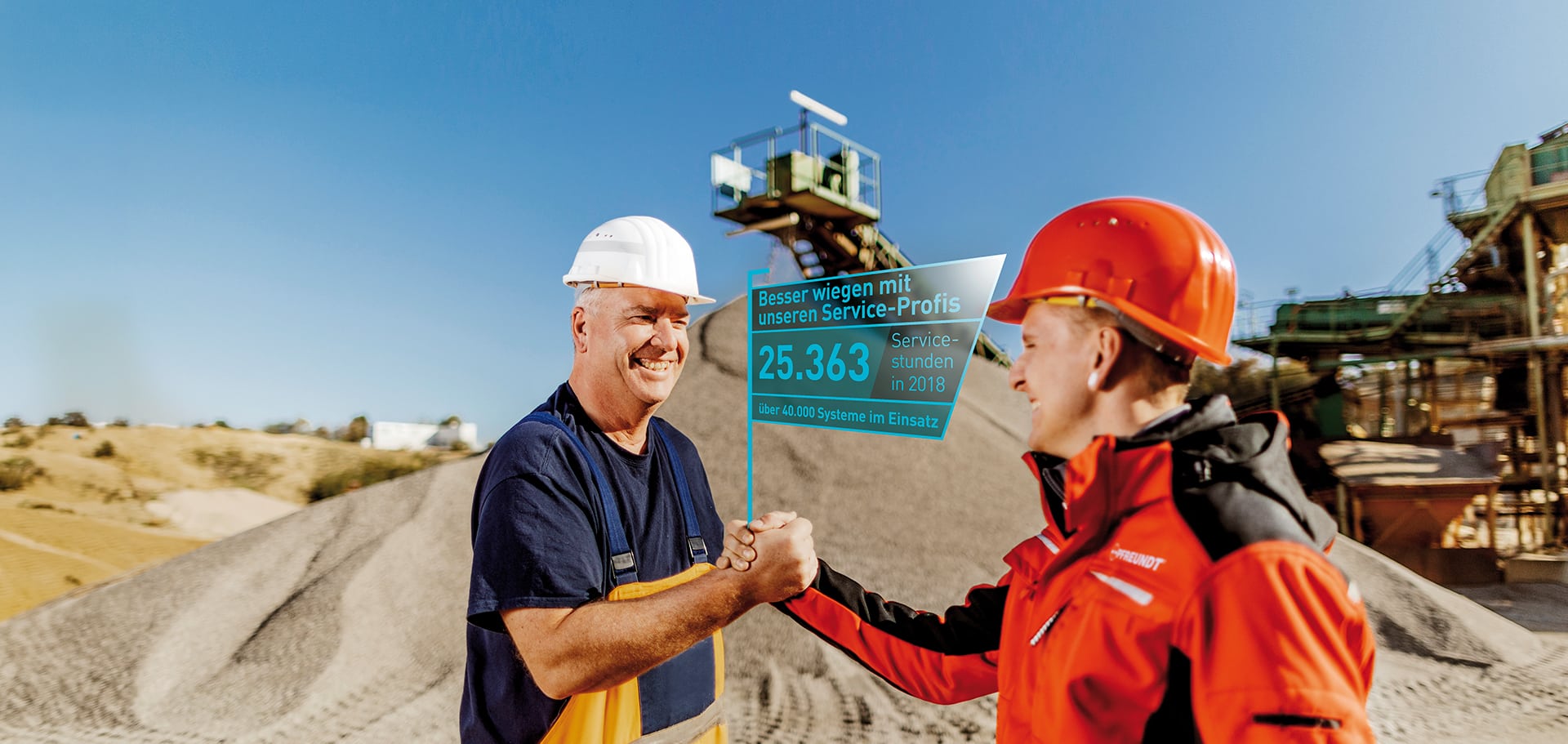 Zwei Männer in Sicherheitskleidung schütteln Hände vor industrieller Kulisse. Text zeigt 600+ MAtgen pro Jahr in Deutschland.