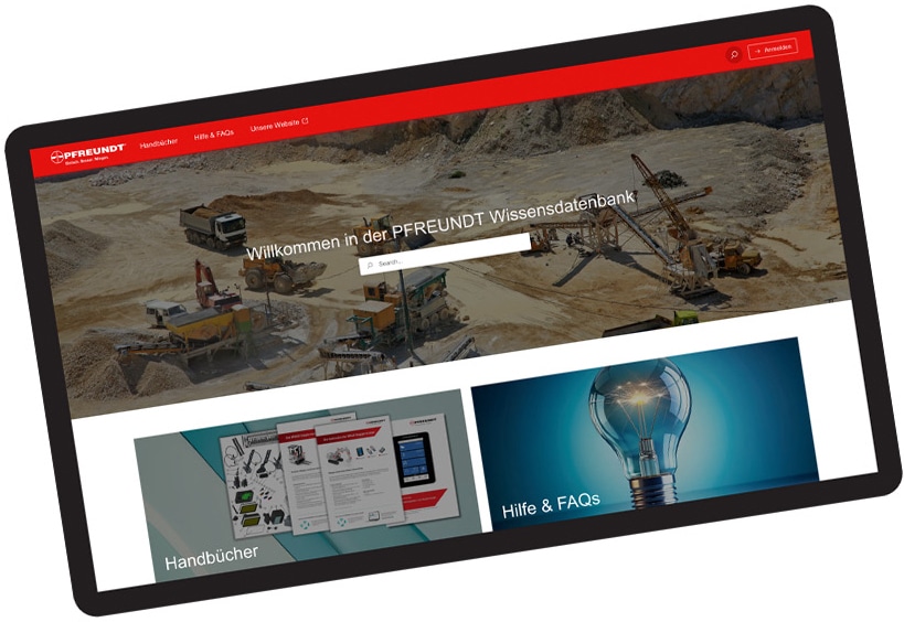 Pfreundt Wissensdatenbank auf Tablet, zeigt mobile Wiegesysteme, Handbücher und FAQs für Bagger- und Radladerwaagen.