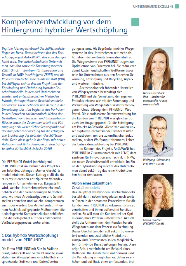 Artikel über Pfreundt GmbH, Entwickler von mobilen Wiegesystemen, featuring Wolfgang Holtermans und Maren Günther.