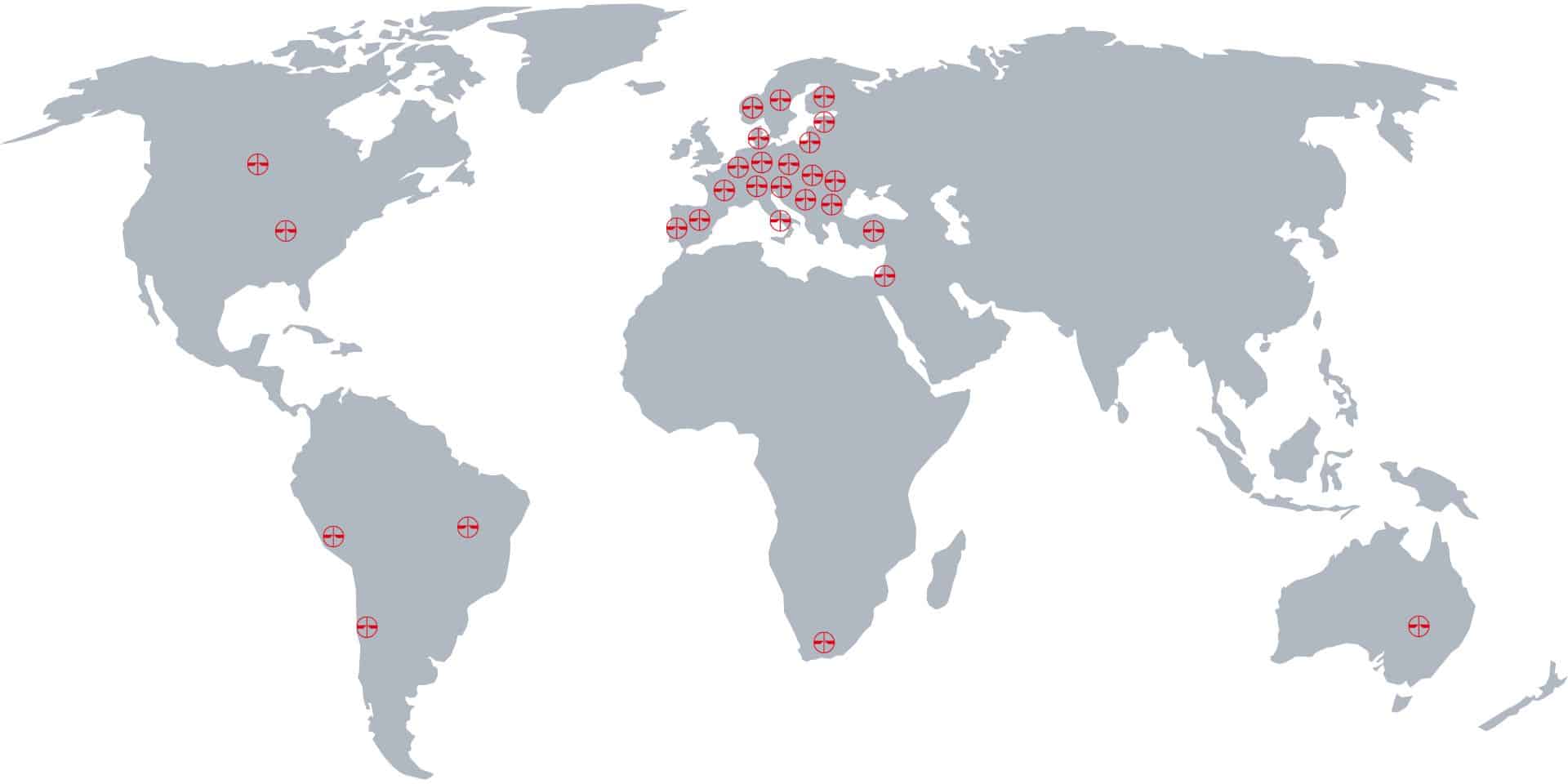 Weltkarte mit Standorten von Pfreundt, Anbieter mobiler Wiegesysteme, weltweit markiert in Nordamerika, Europa und Australien.