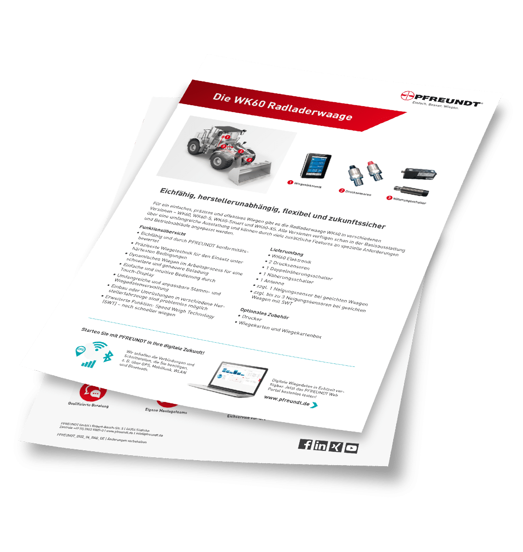 Flyer der Firma Pfreundt für das mobile Wiegesystem WK60 Radladerwaage mit Produktbeschreibung und Zubehör.