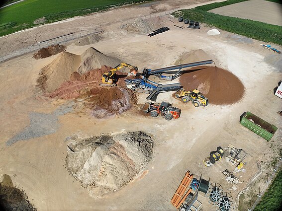 Luftaufnahme einer Baustelle mit Bagger, Radladern und Siebanlage zwischen Materialhalden.