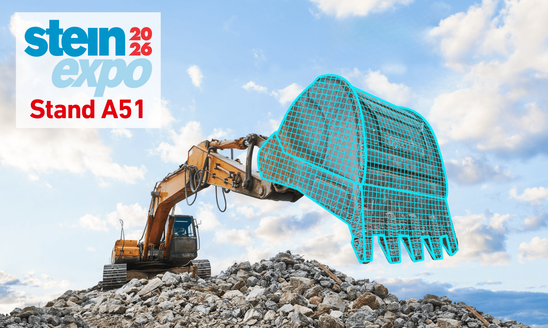 Bagger hebt Steine in den Himmel, beworben auf der Steinexpo 2026, Stand A51. Pfreundt mobile Wiegesysteme.
