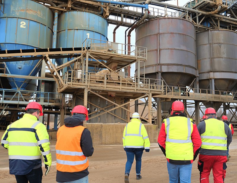 Gruppe von Arbeitern in Sicherheitskleidung und Helmen vor Industrieanlagen und Silos.