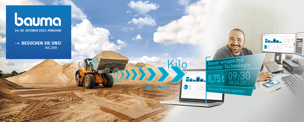 Pfreundt mobile Wiegesysteme: Bagger und Mann an Computern, bauma Messehinweis, optimiertes Wiegen und Datenmanagement.