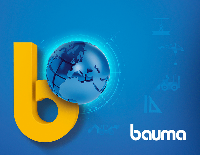 Bauma-Logo mit Globus; repräsentiert Pfreundts mobile Wiegesysteme für Bagger, Radlader und weitere Anwendungen.