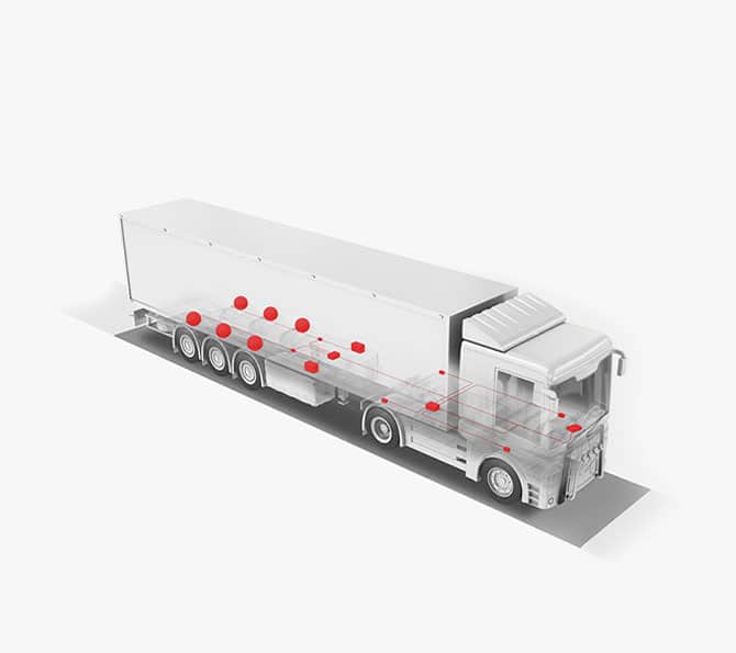 LKW-Illustration, hervorgehobene Wiegesensoren in rot, symbolisieren mobile Wiegesysteme von Pfreundt.
