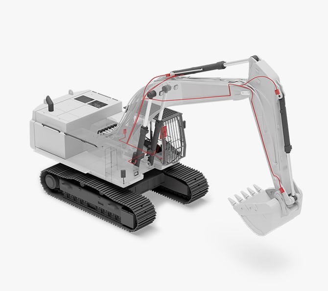 3D-Darstellung eines Baggers mit integriertem mobilen Wiegesystem der Firma Pfreundt.