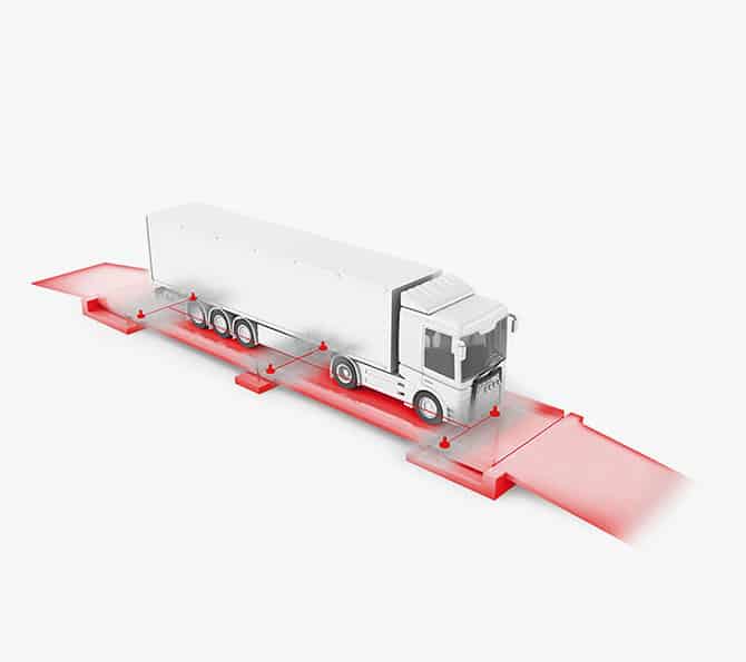 LKW auf mobiler Pfreundt-Achslastwaage, rot hervorgehoben, zur präzisen Messung und Kontrolle des Fahrzeuggewichts.