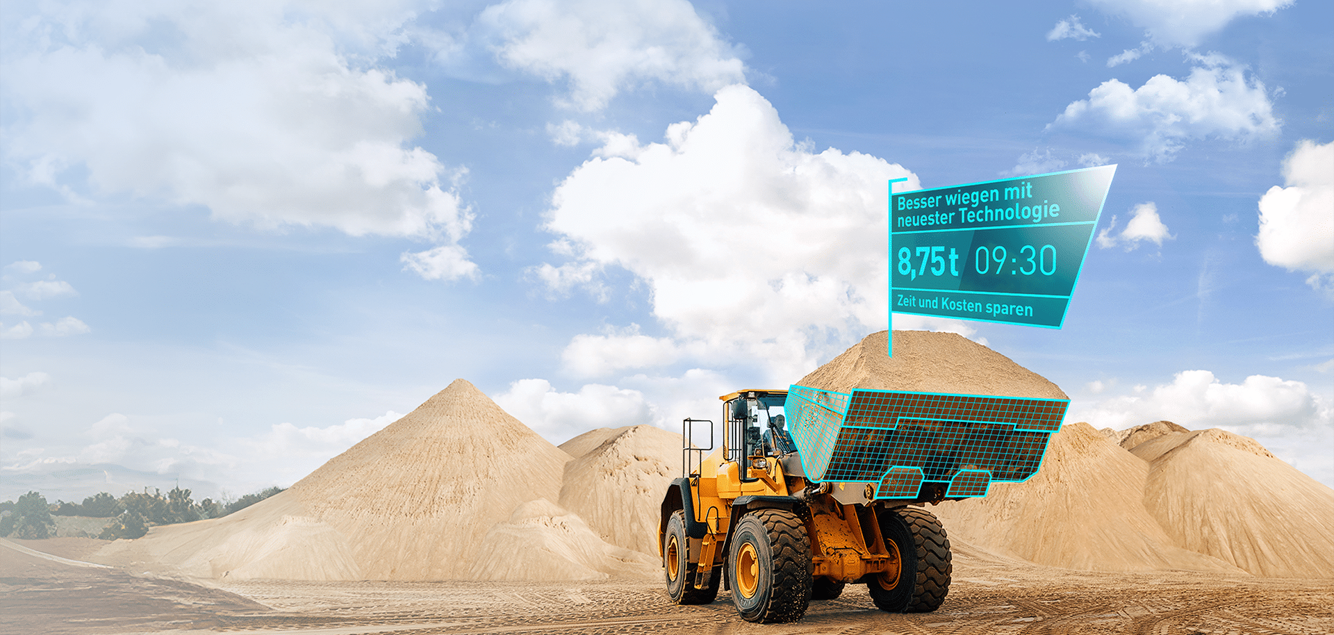 Gelber Radlader mit digitalem Display zeigt 8,75t. Pfreundt-Technologie spart Zeit und Kosten bei der Sandbeladung.