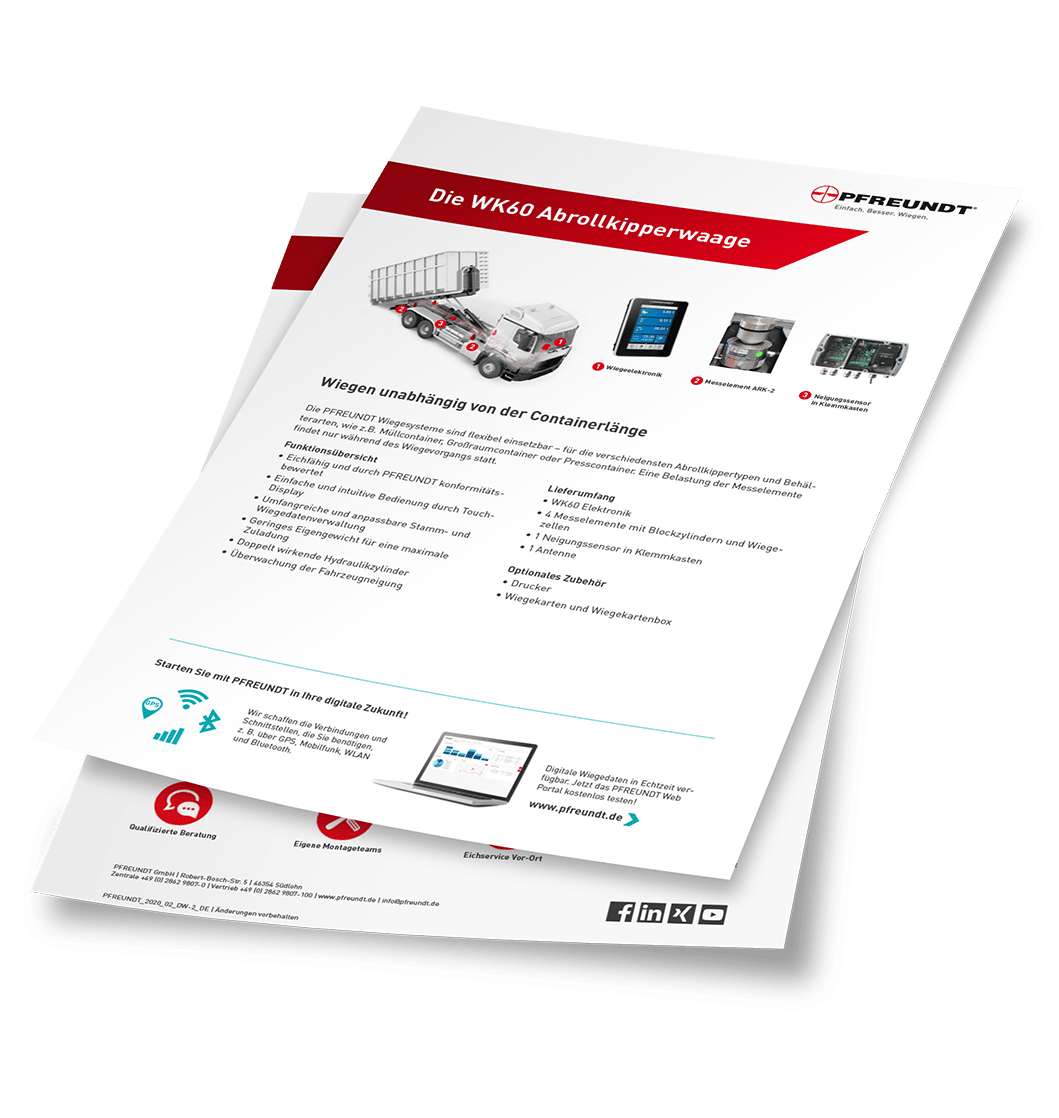 Flyer der Firma Pfreundt über die WK60 Abrollkipperwaage, inklusive Wiegesystem und produktspezifischen Features.