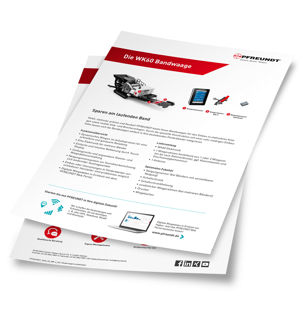 Flyer der Firma Pfreundt zur WK60 Bandwaage mit Details zu Funktion, Lieferung, Zubehör und digitaler Anbindung.