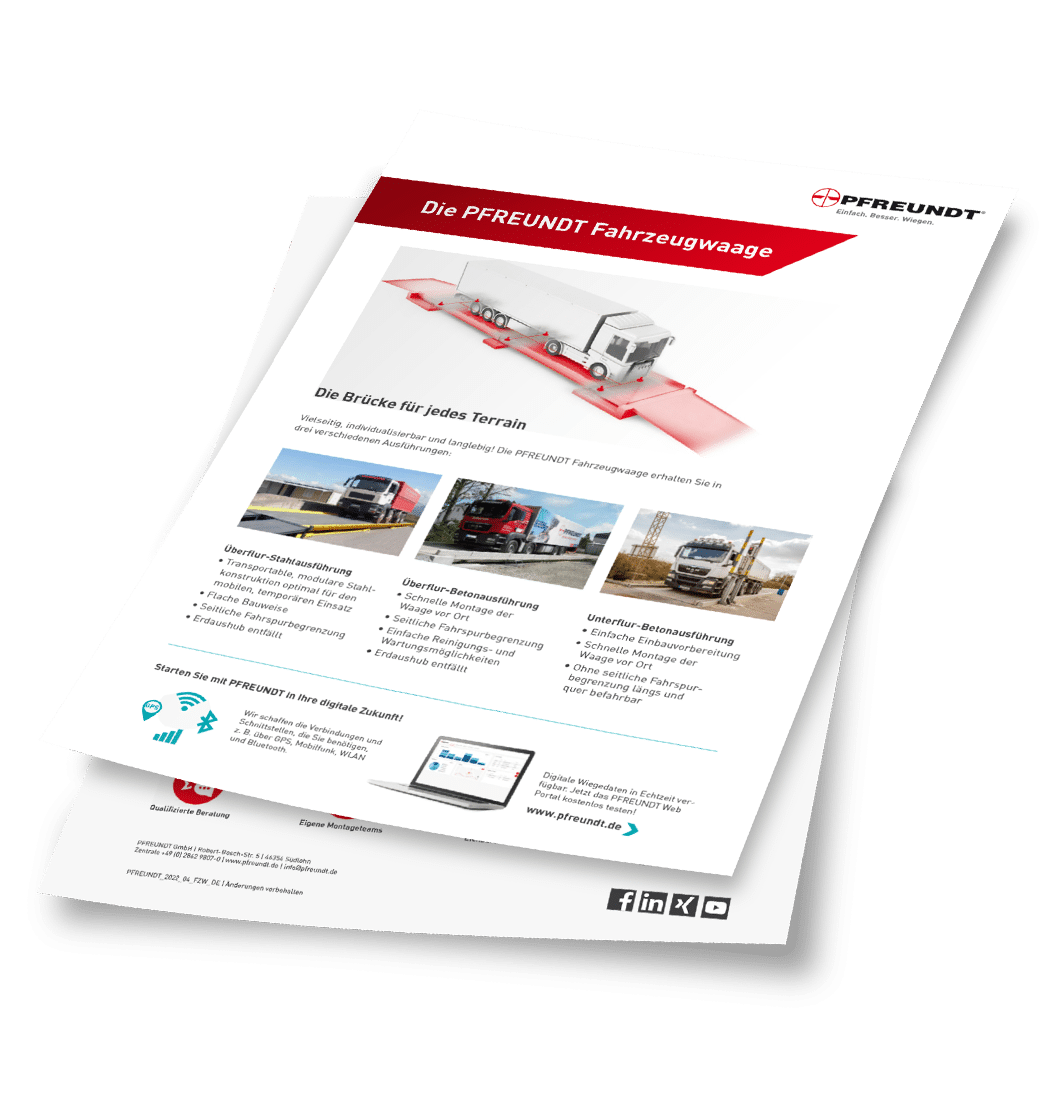 Werbeflyer von Pfreundt für mobile Wiegesysteme mit Bildern von Fahrzeugwaagen auf verschiedenen Terrains.