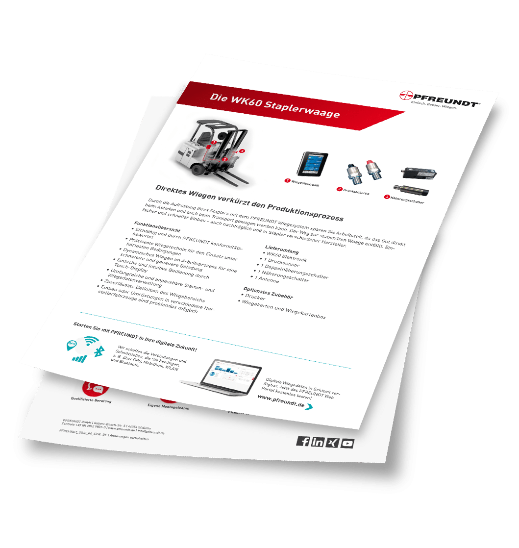 Pfreundt WK60 Staplerwaage Broschüre: Effizientes, mobiles Wiegen für optimierte Produktionsprozesse in der Logistik.