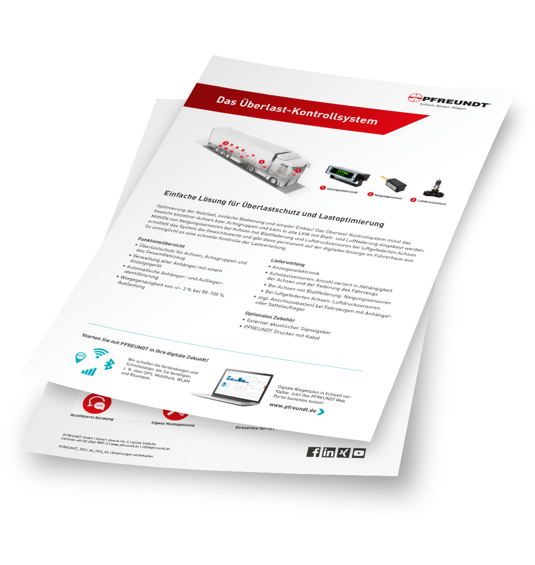 Flyer der Firma Pfreundt über ein Überlast-Kontrollsystem für mobile Wiegesysteme, mit Bild und Textbeschreibung.