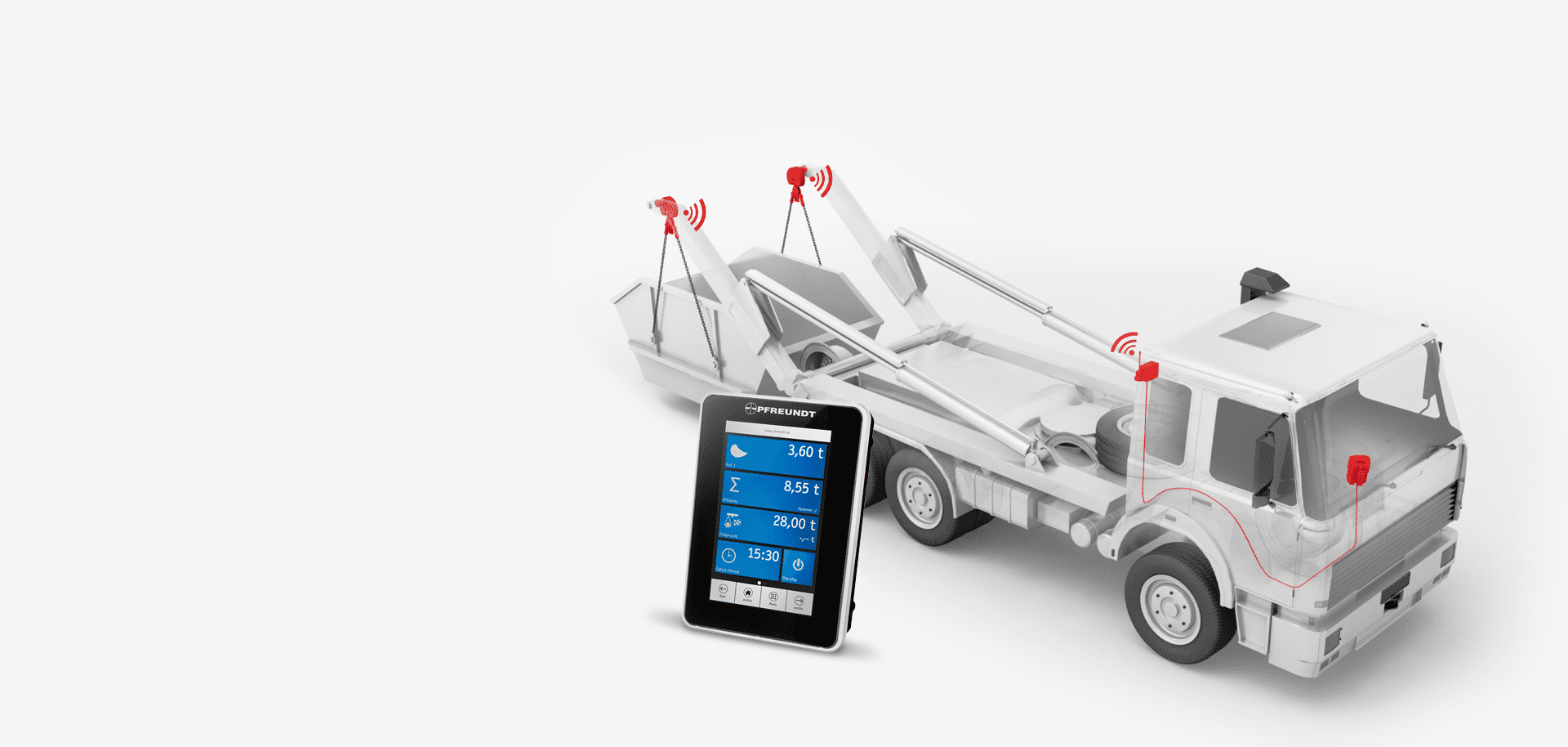 Mobiles Wiegesystem von Pfreundt mit Anzeige auf einem Baufahrzeug; kommuniziert kabellos mit Sensoren.