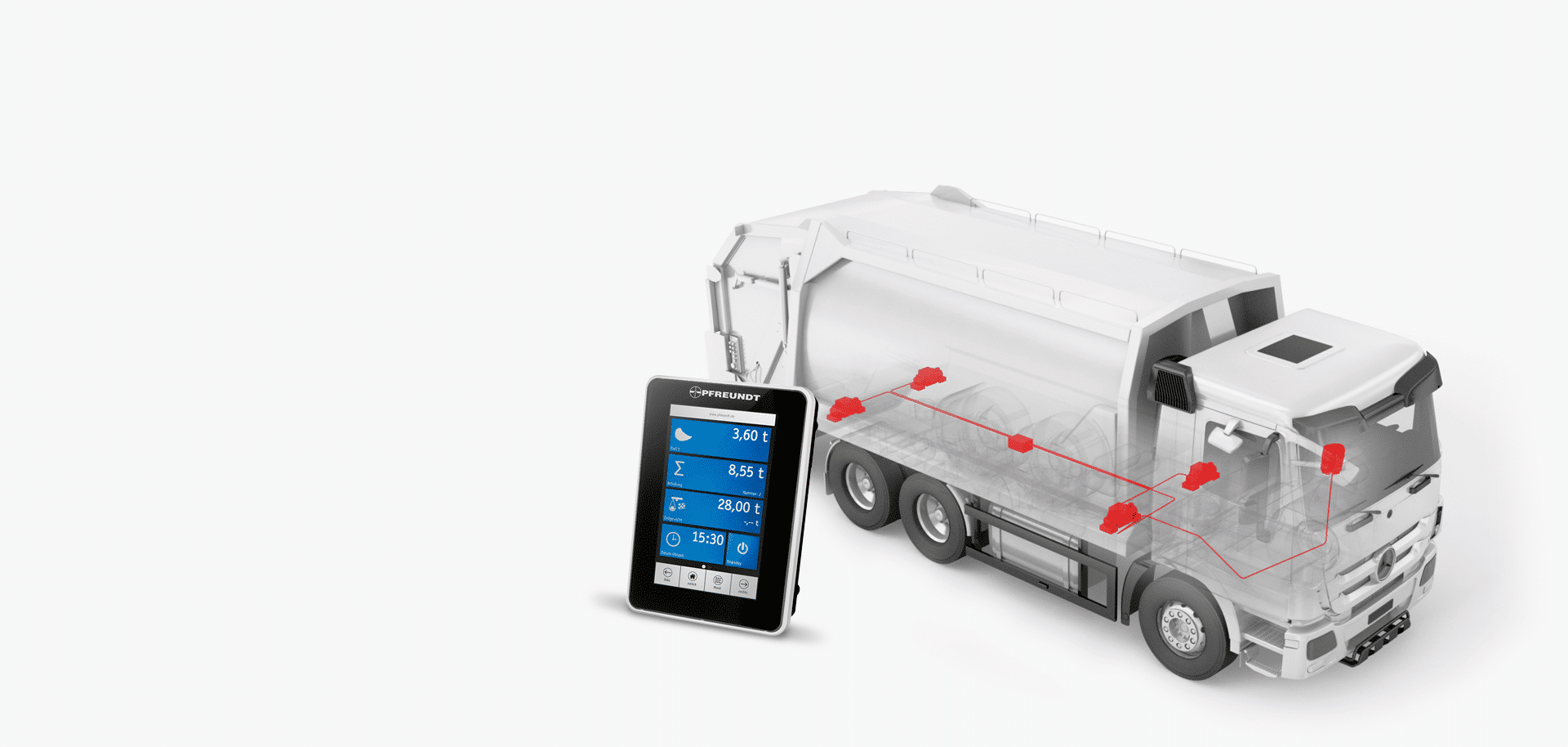 Pfreundt mobiles Wiegesystem mit digitaler Anzeige und LKW-Darstellung für präzise Gewichtsmessung.