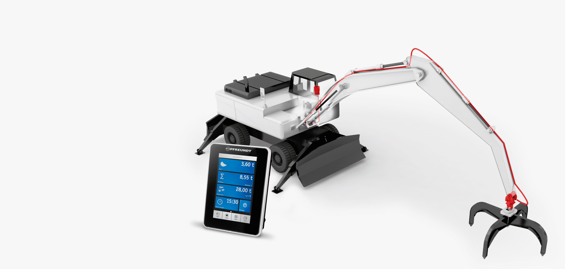Pfreundt mobiles Wiegesystem mit Tablet-Anzeige, Bagger-Modell illustriert Nutzung in Bau- und Industrieumgebung.