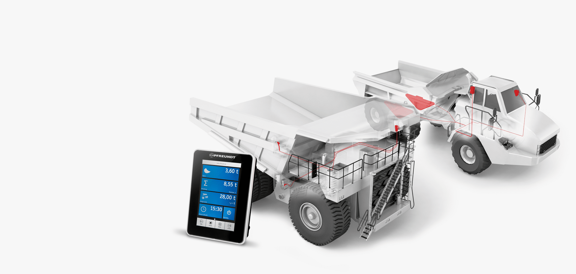Pfreundt mobile Wiegesysteme auf Baufahrzeugen mit digitalem Display für präzise Gewichtsmessungen.