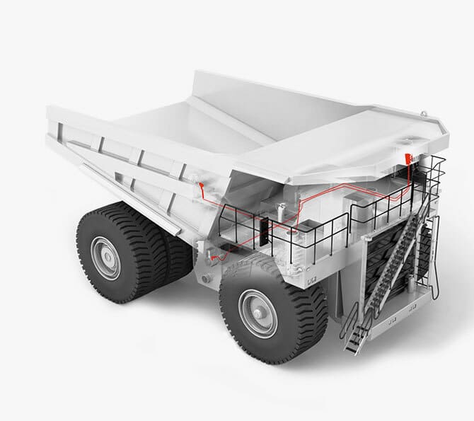 Ein großer Muldenkipper von Pfreundt mit integriertem mobilem Wiegesystem, ideal für Baustellen mit schweren Lasten.
