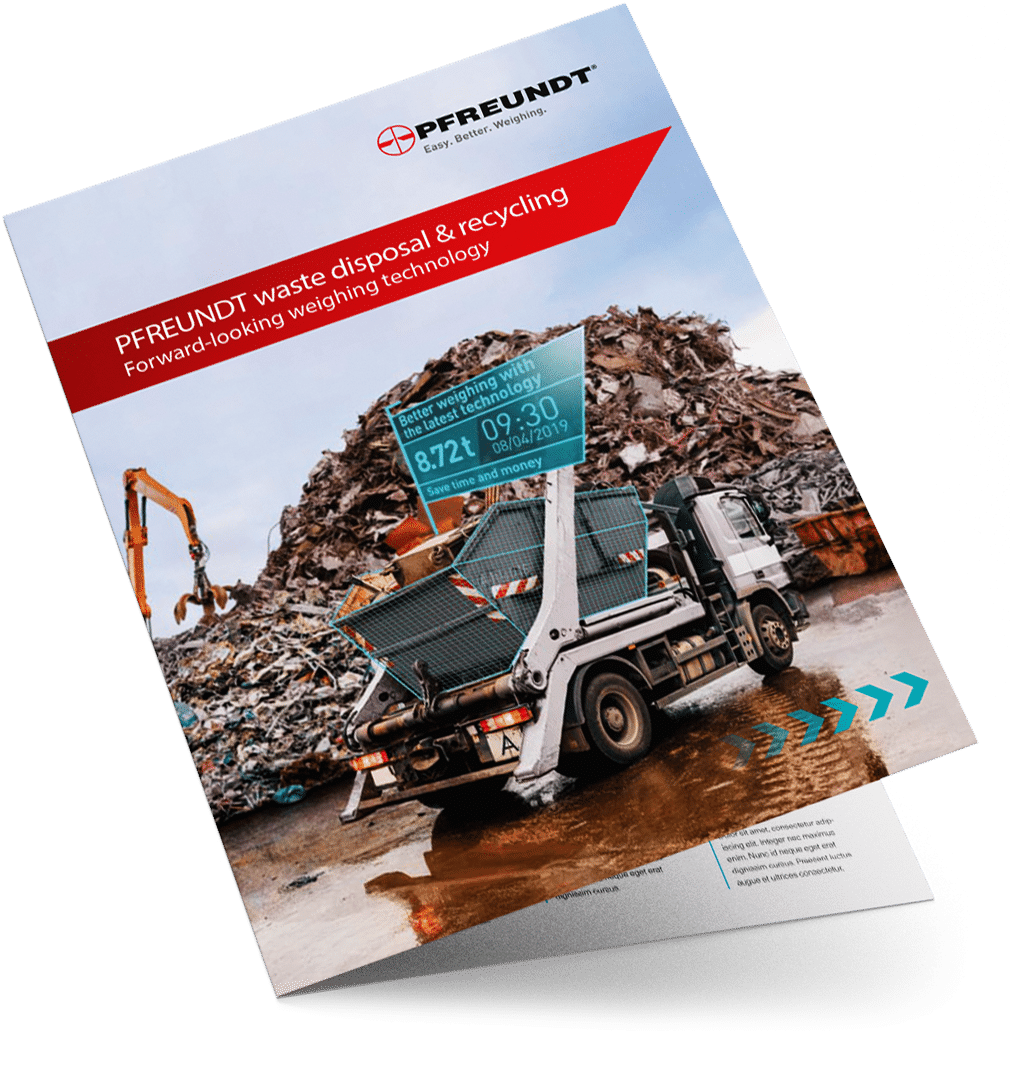 A PFREUNDT brochure on modern weighing systems for recycling trucks, displayed in front of a scrapyard.