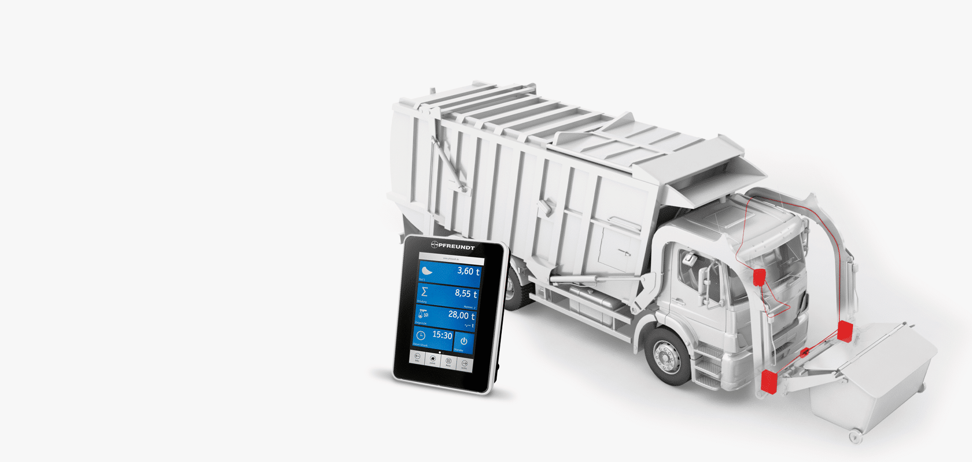Pfreundt mobiles Wiegesystem mit LKW-Modell und Anzeige. Ideal für effiziente Gewichtsmessung unterwegs.