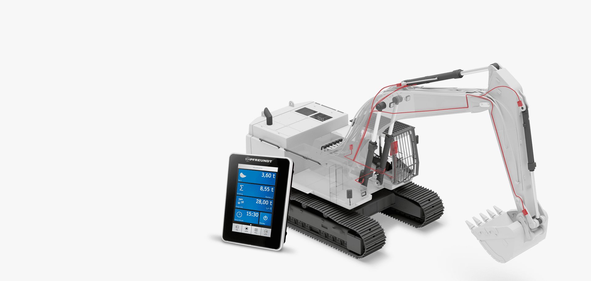 Pfreundt Baggerwaage mit Display zeigt Gewichtsdaten. Innovatives mobiles Wiegesystem für präzise Messungen.