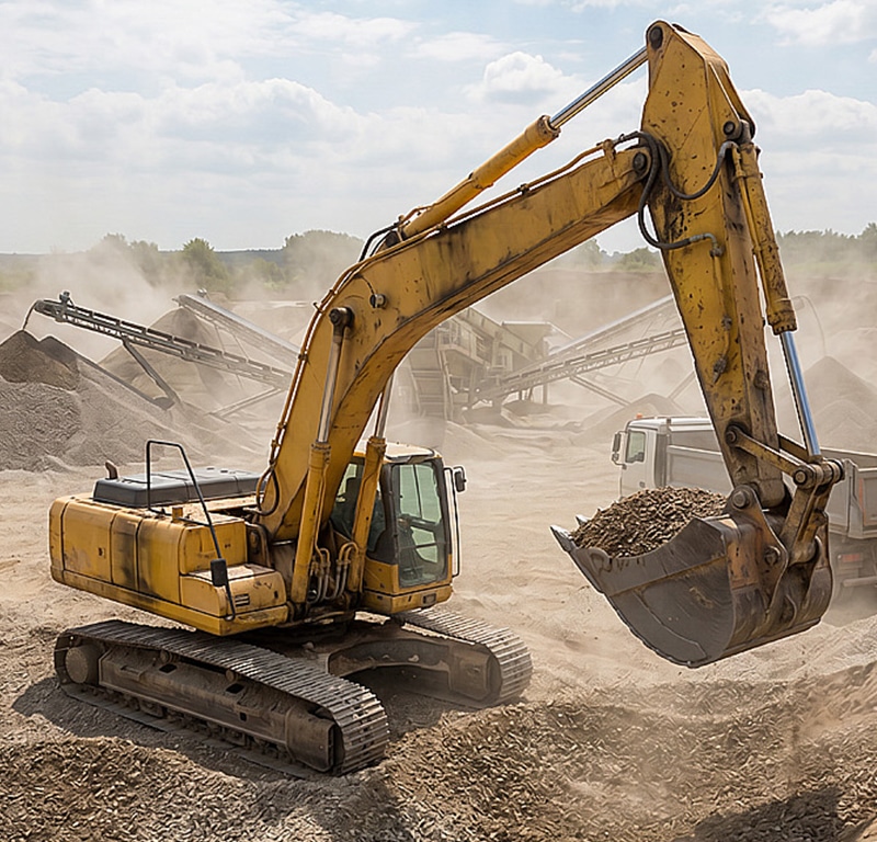 Gelber Bagger erhebt Schaufel mit Kies, umgeben von staubiger Baustelle und Förderbändern.