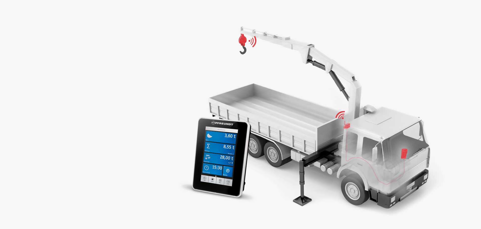 Mobile Wiegesysteme von Pfreundt: Kranwaage an LKW mit digitalem Display zur Gewichtsanzeige.