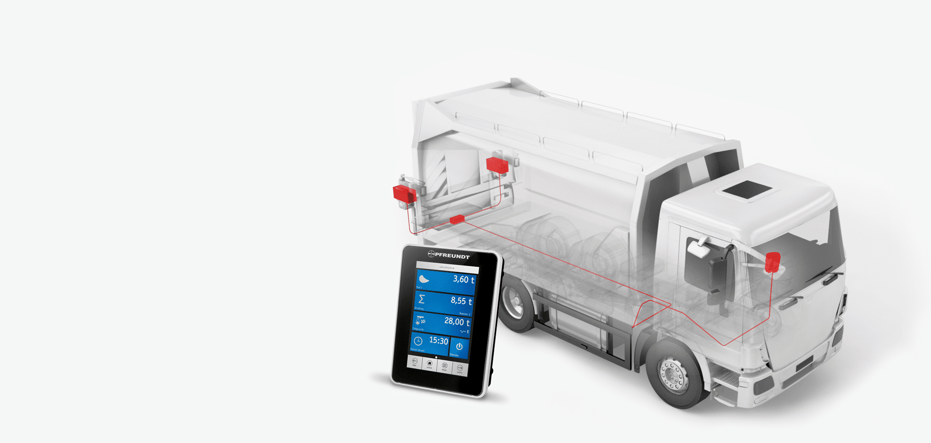 Mobiles Wiegesystem von Pfreundt mit Tablet-Auslesegerät und detailliertem Display zur Gewichtskontrolle in einem LKW.