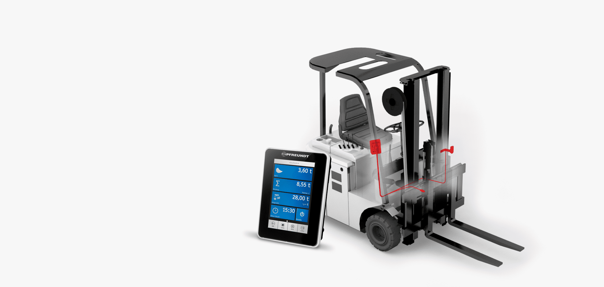 Gabelstapler mit Pfreundt Wiegesystem und digitalem Display für präzise mobile Gewichtsmessungen.