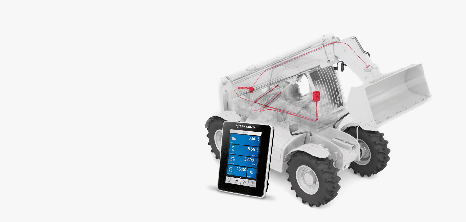 Mobile Wiegesysteme von Pfreundt: Anzeige eines Radladers mit integriertem Wiegesystem und digitalem Display.