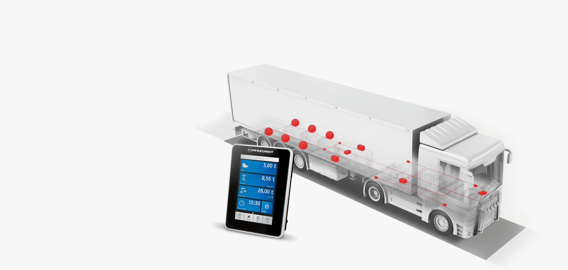 Pfreundt-LKW mit mobilem Wiegesystem und Display, das Gewicht auf Bildschirm anzeigt. Ideal für präzise Nutzlastmessung.