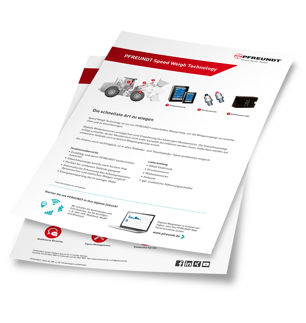 Flyer von Pfreundt über mobile Wiegesysteme mit Informationen zu Bagger- und Kranwaagen sowie digitalen Lösungen.