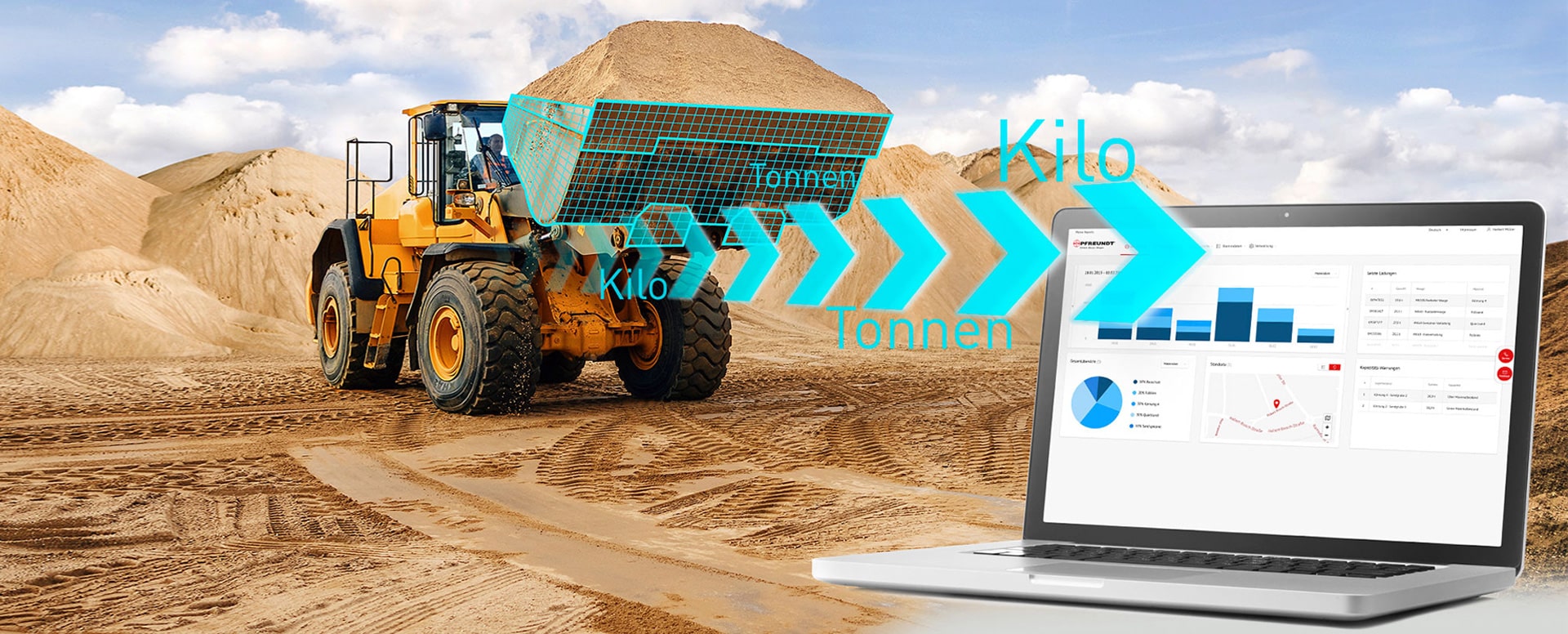Radlader mit Beladungsdaten auf Laptop angezeigt, Pfreundt-Logo, mobile Wiegetechnologie im Einsatz in einer Sandgrube.