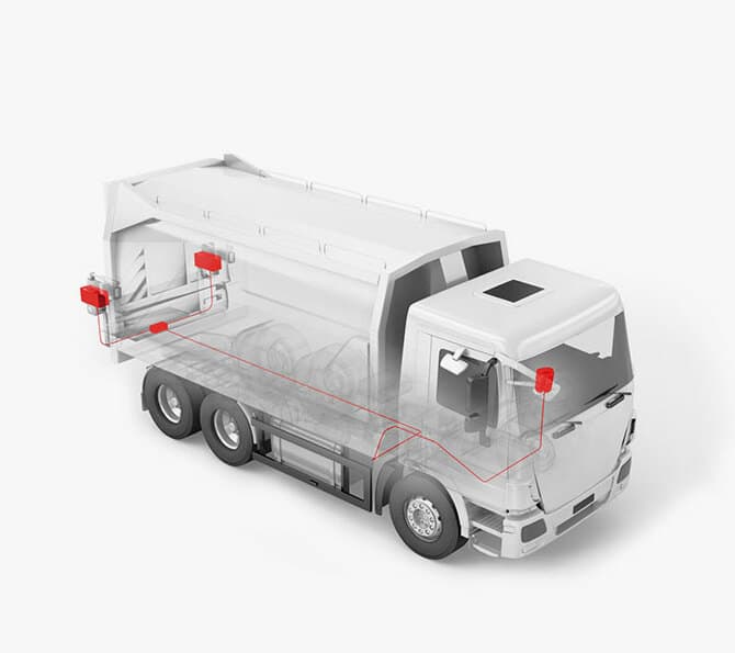 LKW mit integriertem Pfreundt Wiegesystem, das die Gewichtsmessung in verschiedenen Fahrzeugtypen ermöglicht.