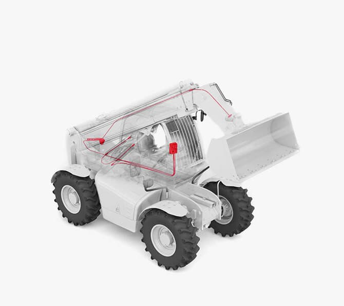 Illustration eines mobilen Pfreundt Wiegesystems an einem Radlader, zeigt integrierte Wiegetechnologie.