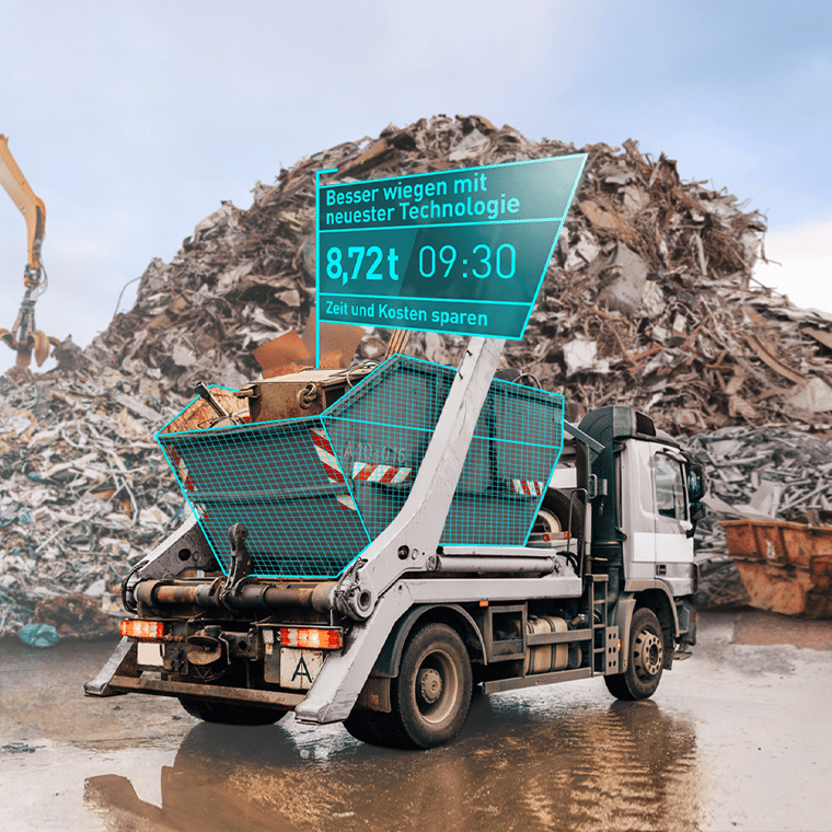 Lkw mit Schrott und digitaler Anzeige für Wiegesystem von Pfreundt; genaue Gewichtsermittlung mit moderner Technologie.